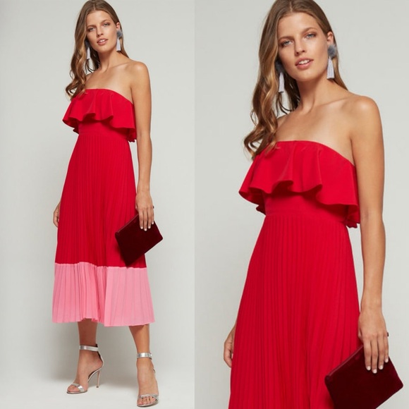 Aidan Mattox Chloe Colorblock Strapless Pleated Midi Dress - Picture 1 of 14